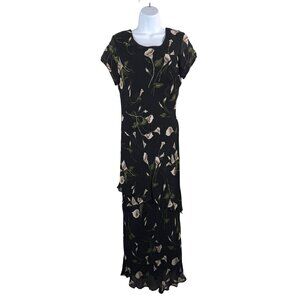 VTG Eva Blue Maxi floral‎ tiered ruffle maxi dress beaded 90s sz 12
